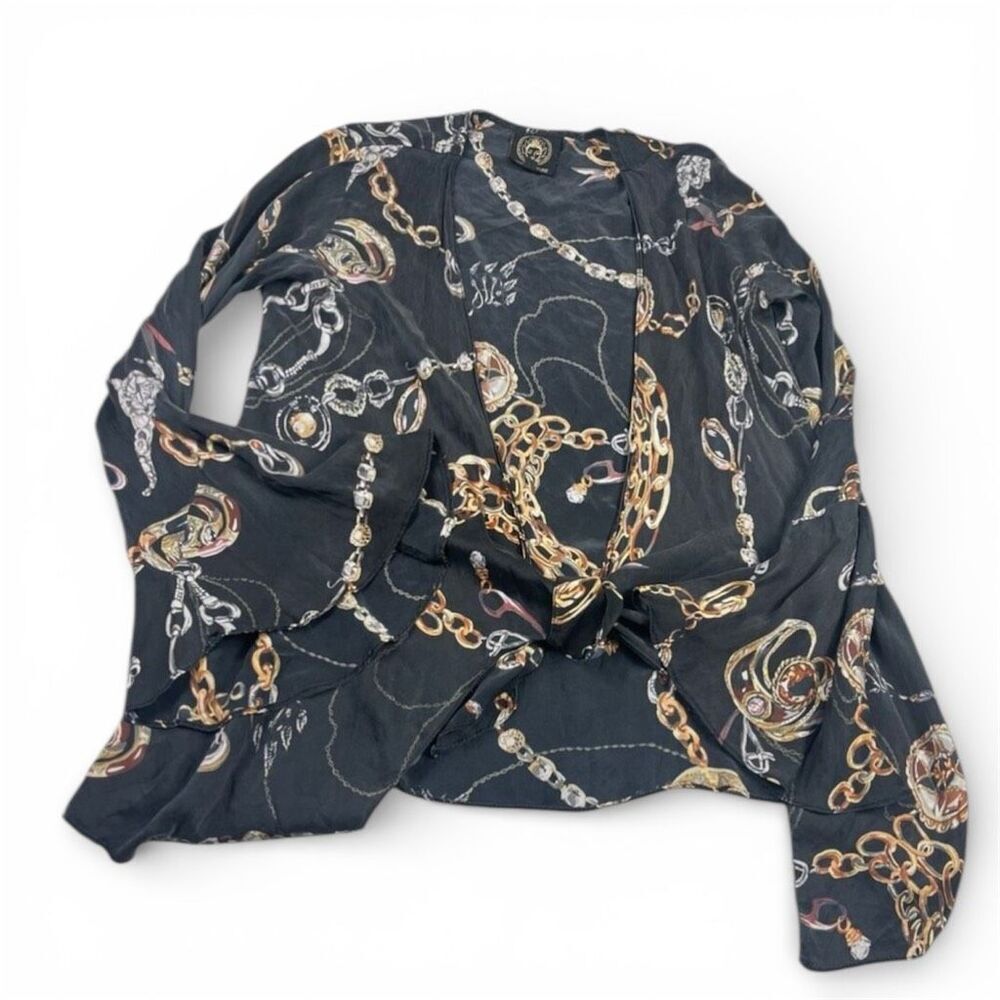 Aum Couture Silk Tie Front Blouse Baroque Luxe Chain Print Lightweight Shirt M